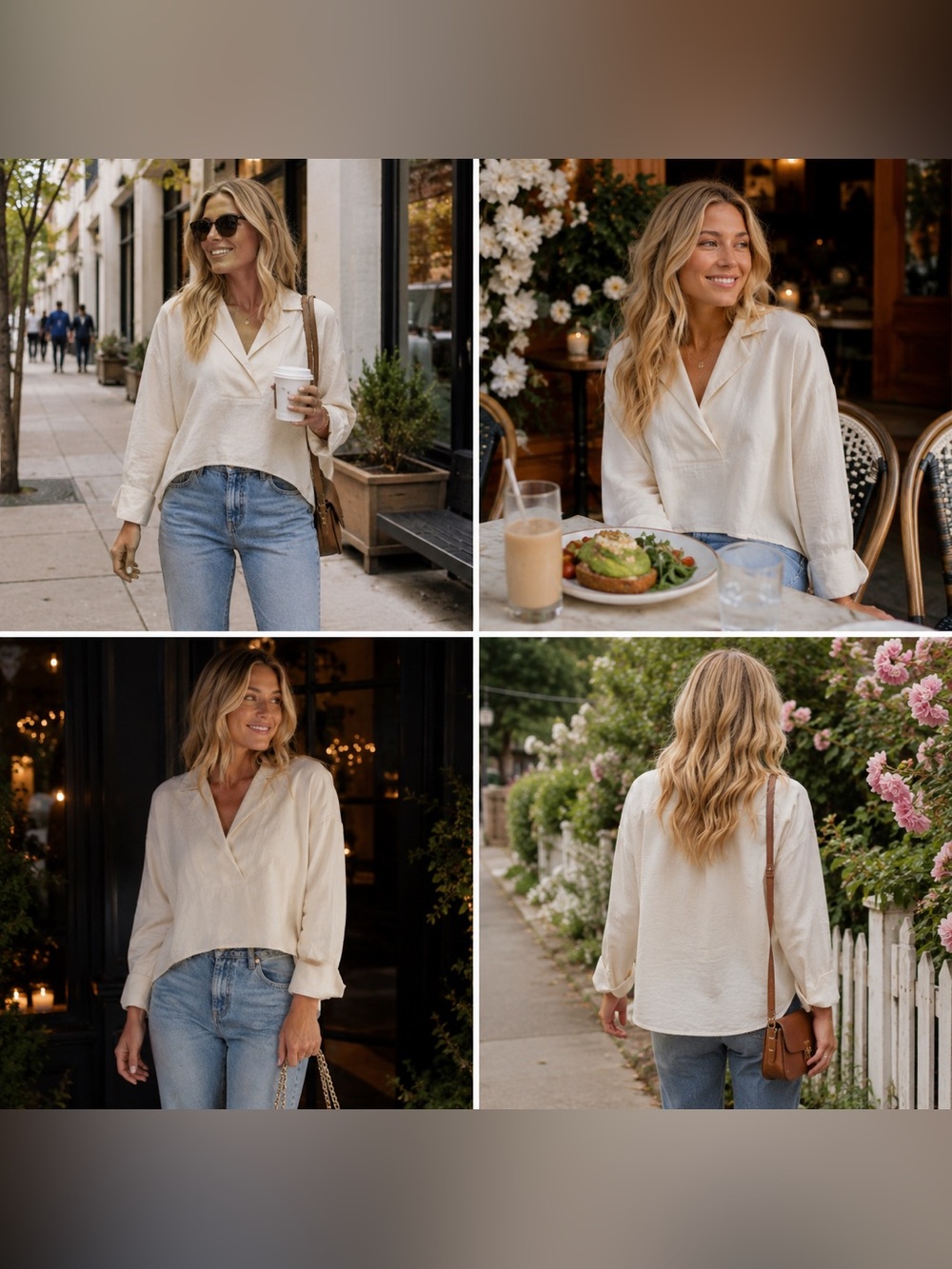Anthropologie Cream V-Neck Long-Sleeve Pullover Blouse